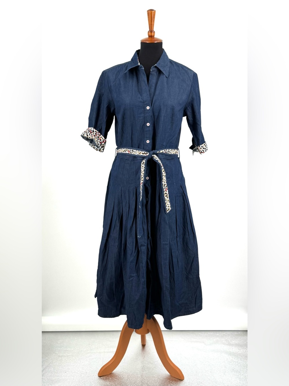 Dizzy-Lizzie Mrs Maisel Blue Denim Belted Pleated Dress Animal Print Sz M